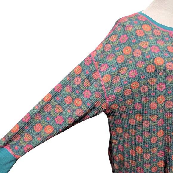 Natural Life Womens Sz S Turquoise Floral Bouquet Waffle Knit Thermal Lounge Top - Picture 6 of 8